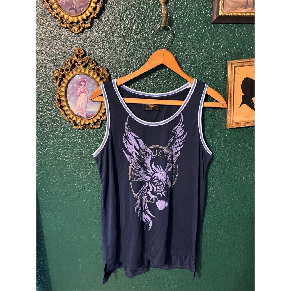 Harley Davidson Blue Pinstripe Oversized Tank Top Size Medium